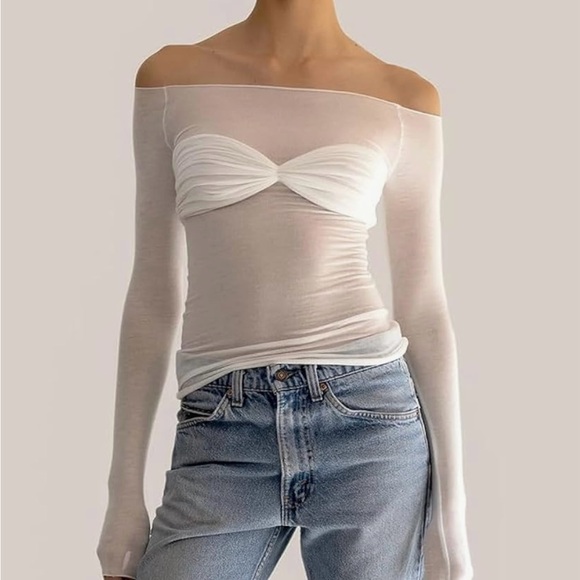 Sheer mesh white off the shoulder long sleeve BNWOT - Picture 2 of 5